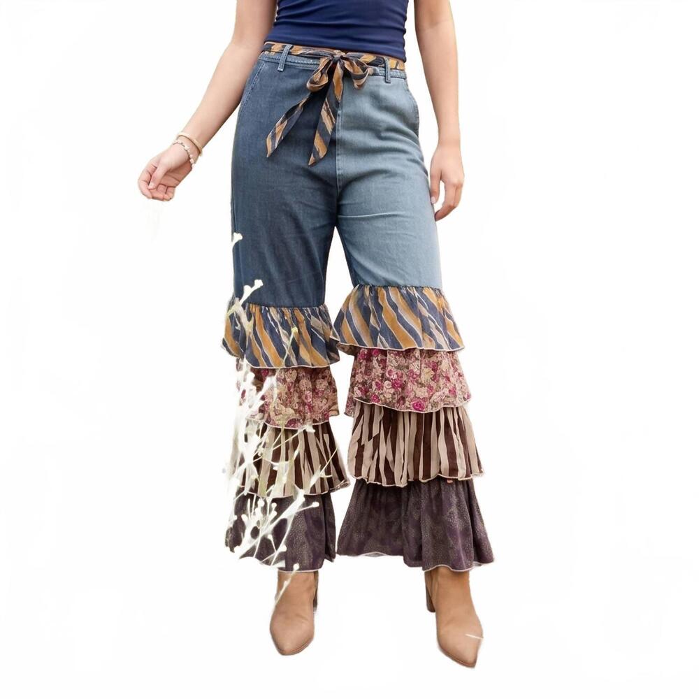 NEW YOUNG THREADS denim patchwork ruffle flare pants with belt in sand